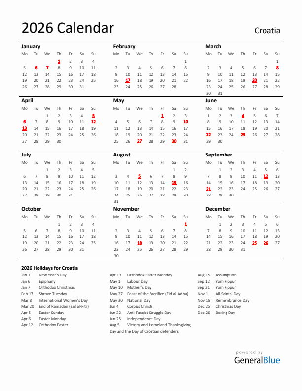 Standard Holiday Calendar for 2026 with Croatia Holidays