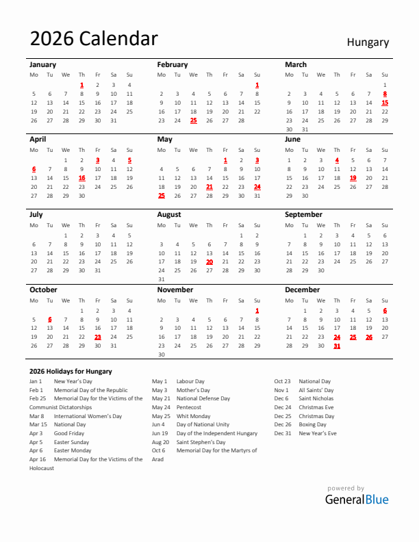 Standard Holiday Calendar for 2026 with Hungary Holidays