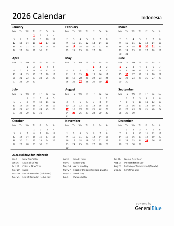 Standard Holiday Calendar for 2026 with Indonesia Holidays 