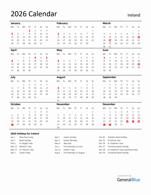 Standard Holiday Calendar for 2026 with Ireland Holidays