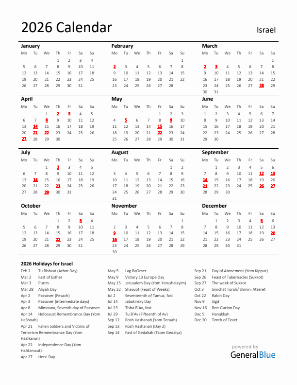Standard Holiday Calendar for 2026 with Israel Holidays 