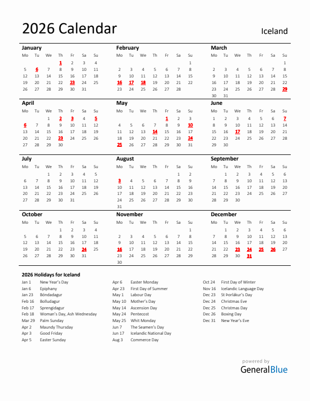 Standard Holiday Calendar for 2026 with Iceland Holidays