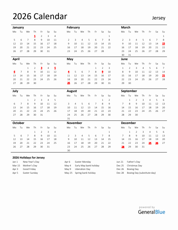 Standard Holiday Calendar for 2026 with Jersey Holidays