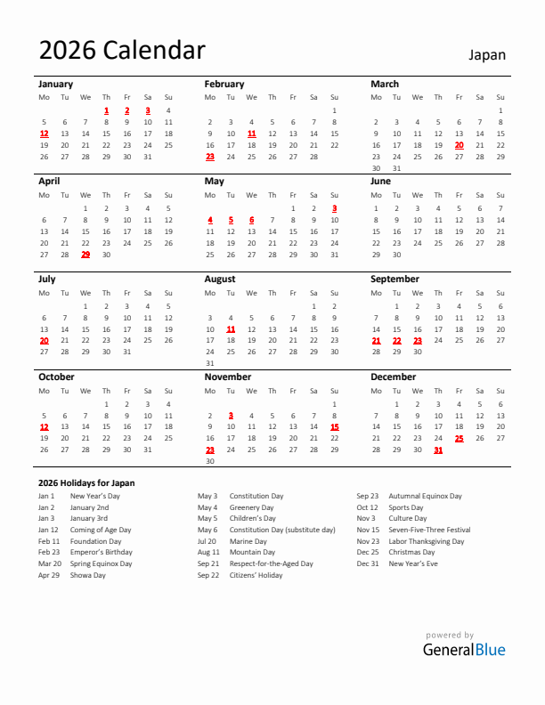 Standard Holiday Calendar for 2026 with Japan Holidays