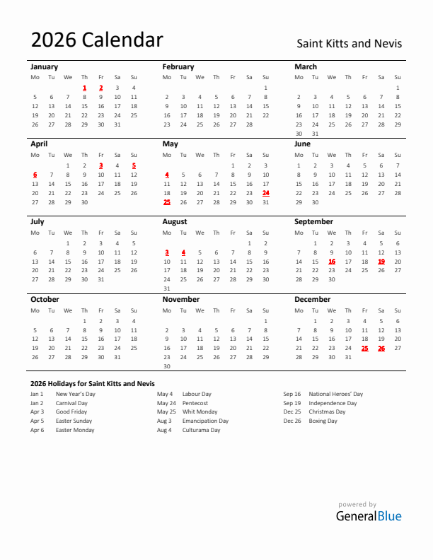 Standard Holiday Calendar for 2026 with Saint Kitts and Nevis Holidays 