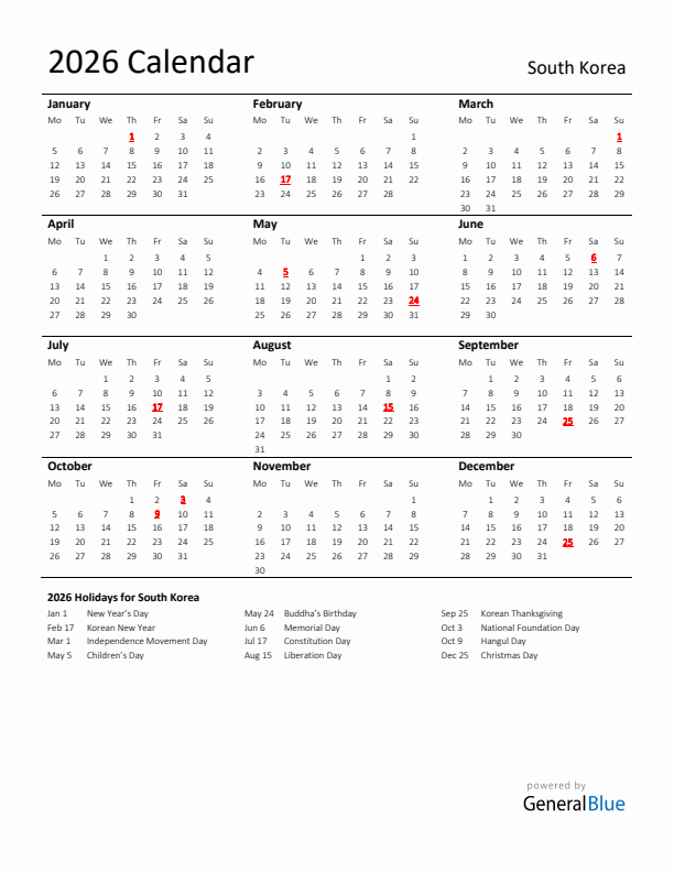 Standard Holiday Calendar for 2026 with South Korea Holidays