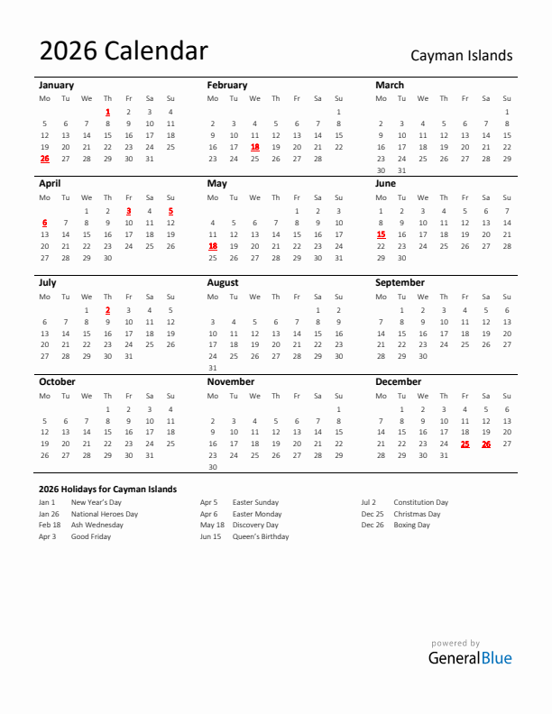 Standard Holiday Calendar for 2026 with Cayman Islands Holidays 
