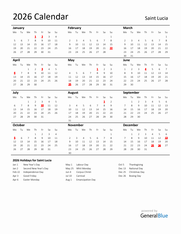 Standard Holiday Calendar for 2026 with Saint Lucia Holidays 