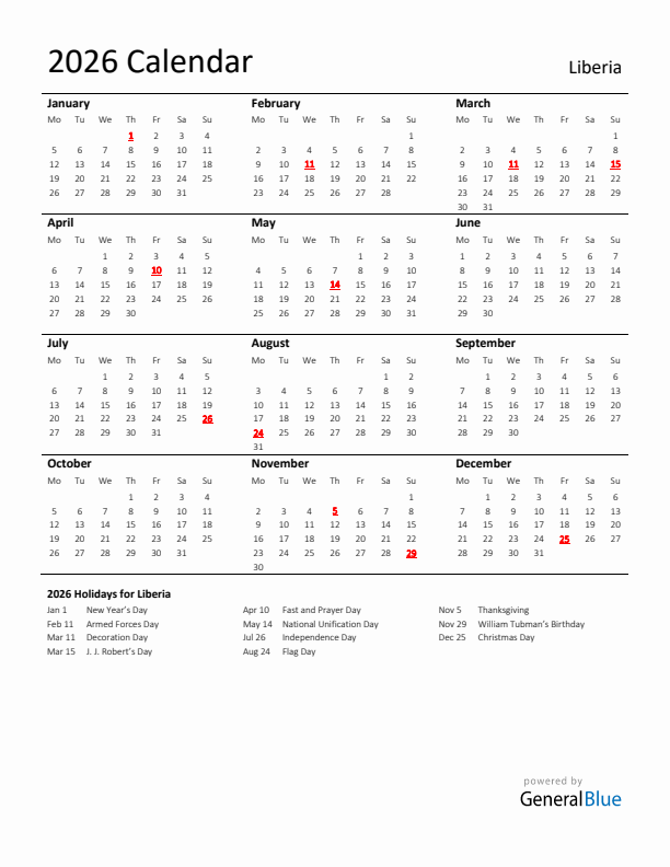 Standard Holiday Calendar for 2026 with Liberia Holidays 