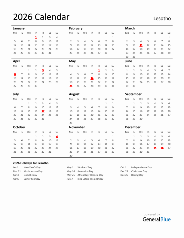 Standard Holiday Calendar for 2026 with Lesotho Holidays