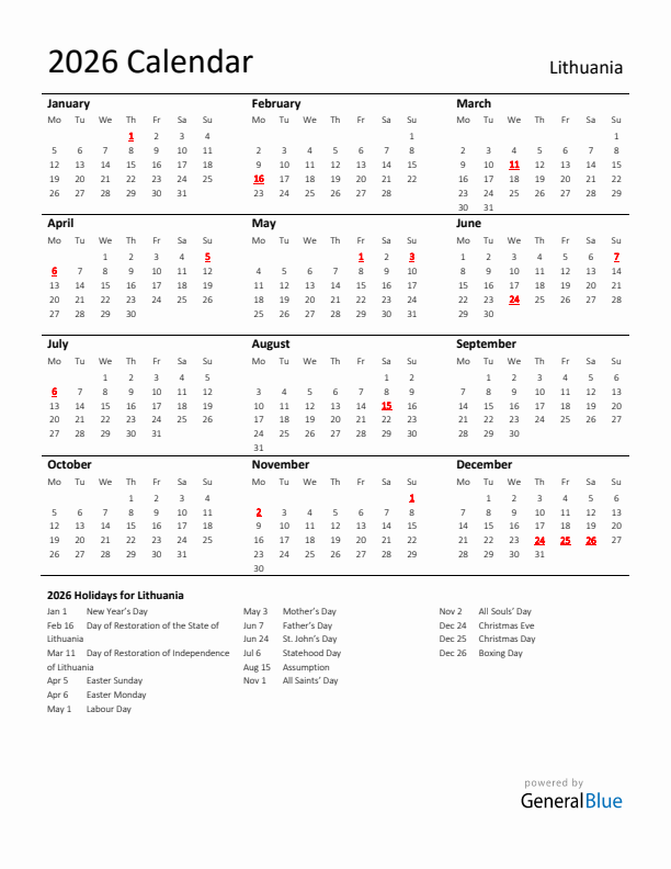 Standard Holiday Calendar for 2026 with Lithuania Holidays 