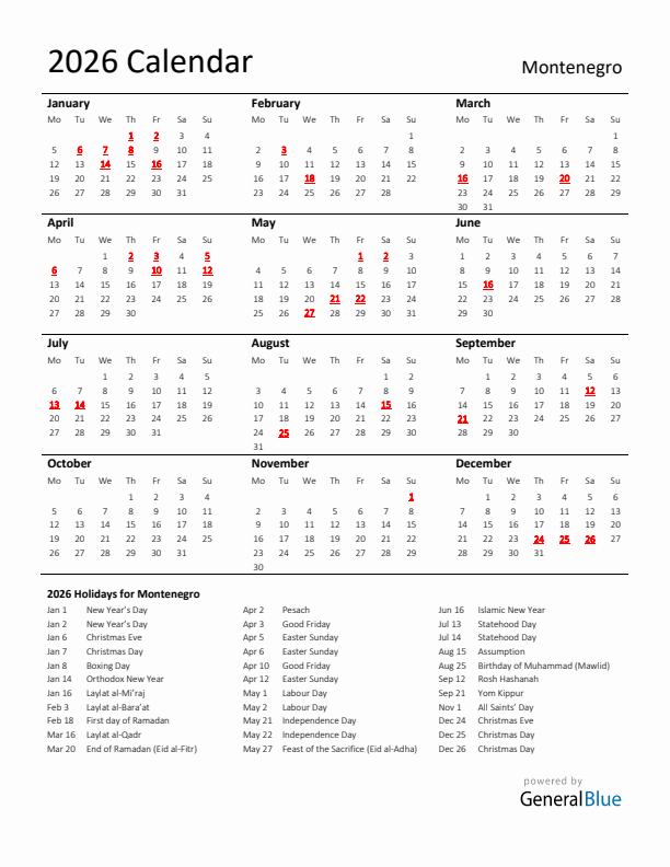 Standard Holiday Calendar for 2026 with Montenegro Holidays 