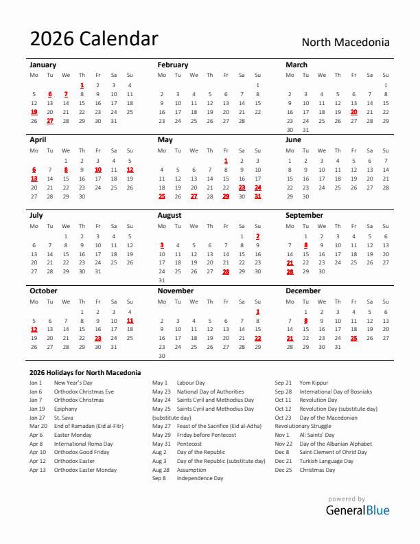Standard Holiday Calendar for 2026 with North Macedonia Holidays 