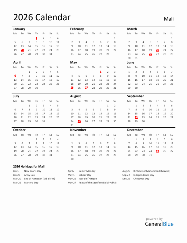 Standard Holiday Calendar for 2026 with Mali Holidays 