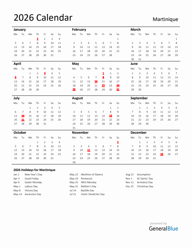 Standard Holiday Calendar for 2026 with Martinique Holidays
