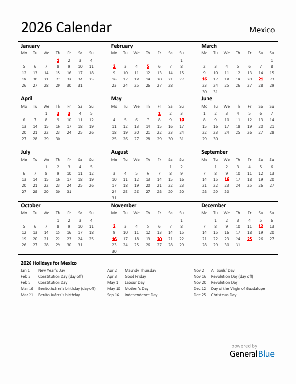 Standard Holiday Calendar for 2026 with Mexico Holidays