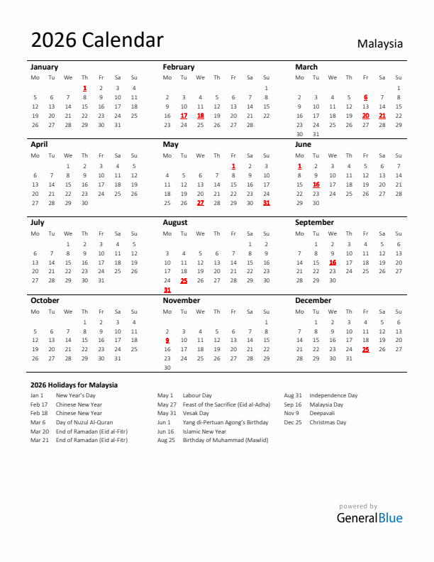 Standard Holiday Calendar for 2026 with Malaysia Holidays 