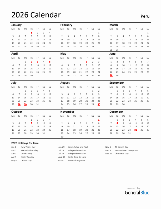 Standard Holiday Calendar for 2026 with Peru Holidays