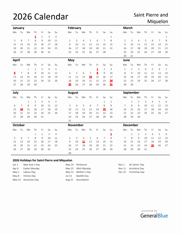 Standard Holiday Calendar for 2026 with Saint Pierre and Miquelon Holidays 