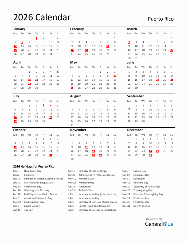 Standard Holiday Calendar for 2026 with Puerto Rico Holidays 