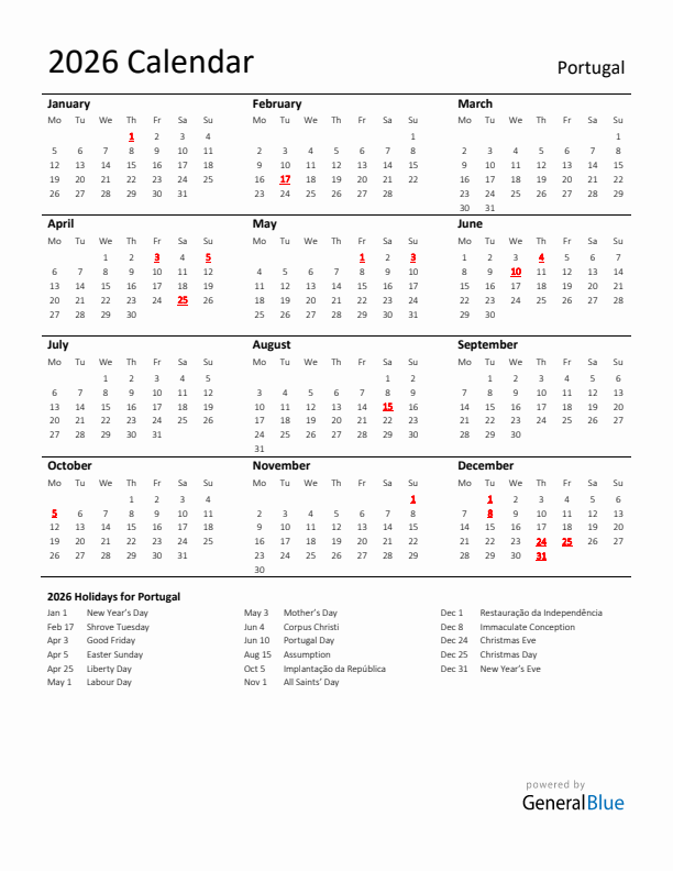 Standard Holiday Calendar for 2026 with Portugal Holidays