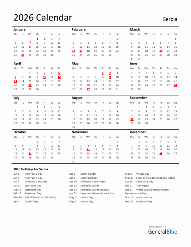 Standard Holiday Calendar for 2026 with Serbia Holidays