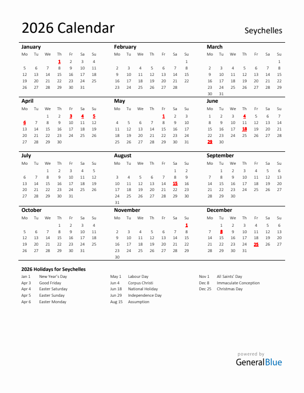Standard Holiday Calendar for 2026 with Seychelles Holidays 