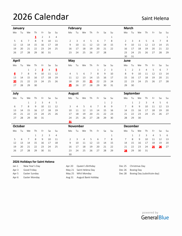 Standard Holiday Calendar for 2026 with Saint Helena Holidays