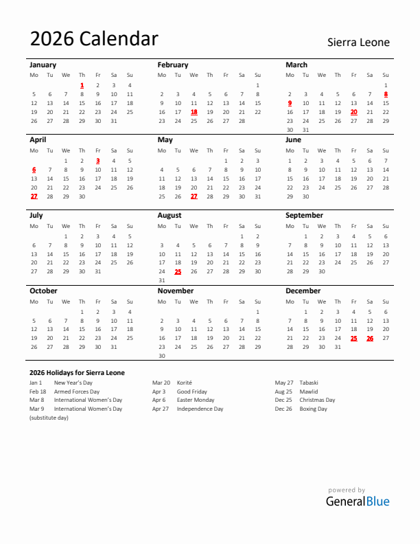 Standard Holiday Calendar for 2026 with Sierra Leone Holidays 