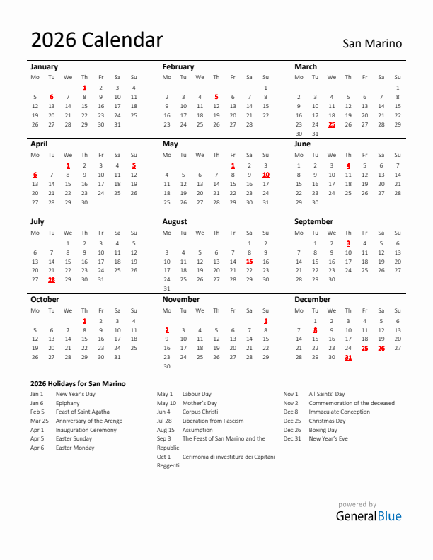 Standard Holiday Calendar for 2026 with San Marino Holidays