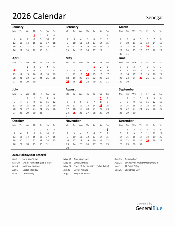 Standard Holiday Calendar for 2026 with Senegal Holidays 