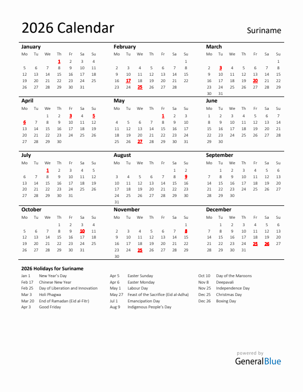 Standard Holiday Calendar for 2026 with Suriname Holidays 