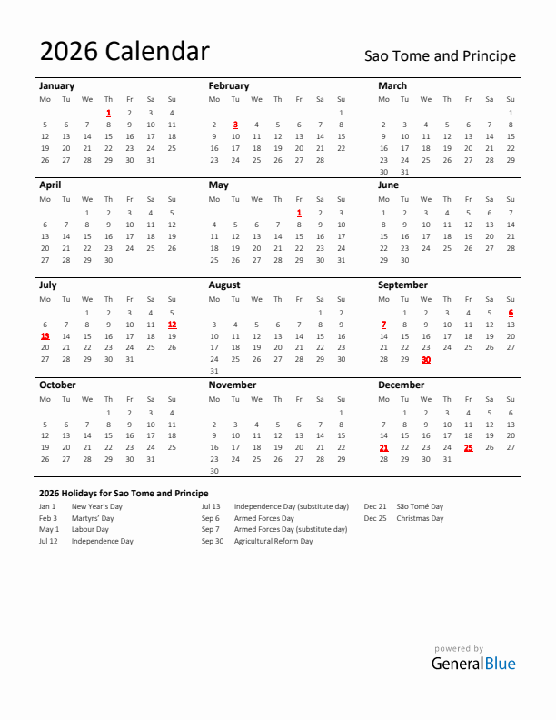 Standard Holiday Calendar for 2026 with Sao Tome and Principe Holidays 