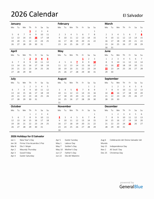 Standard Holiday Calendar for 2026 with El Salvador Holidays