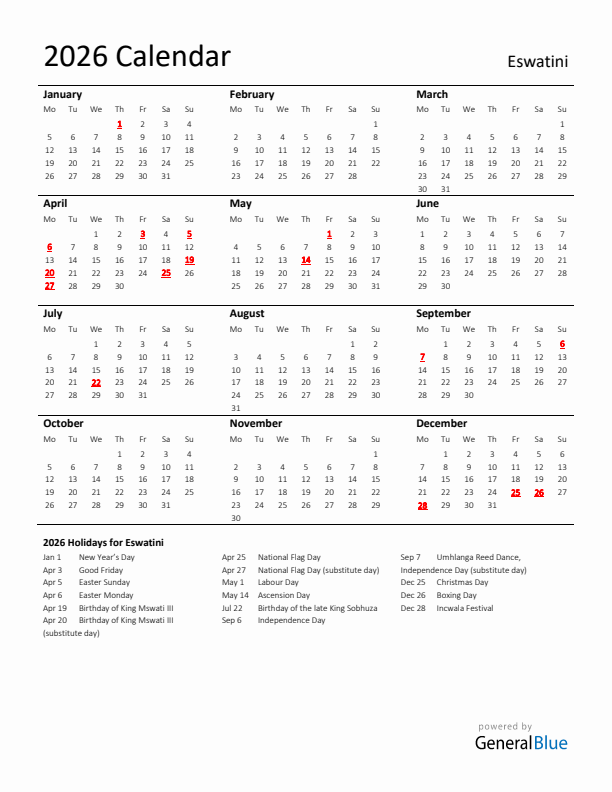 Standard Holiday Calendar for 2026 with Eswatini Holidays