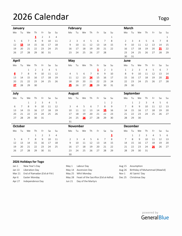 Standard Holiday Calendar for 2026 with Togo Holidays