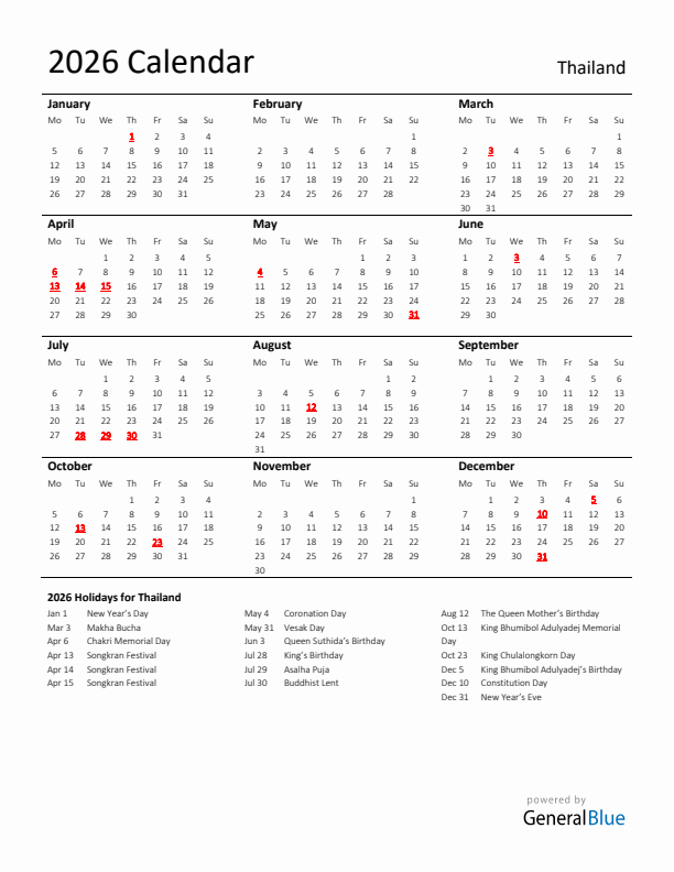 Standard Holiday Calendar for 2026 with Thailand Holidays 