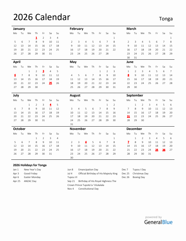 Standard Holiday Calendar for 2026 with Tonga Holidays 