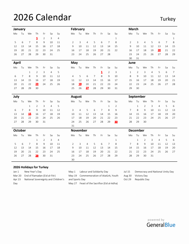 Standard Holiday Calendar for 2026 with Turkey Holidays