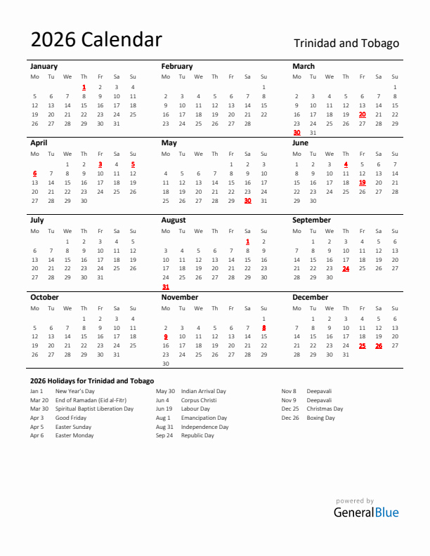 Standard Holiday Calendar for 2026 with Trinidad and Tobago Holidays 