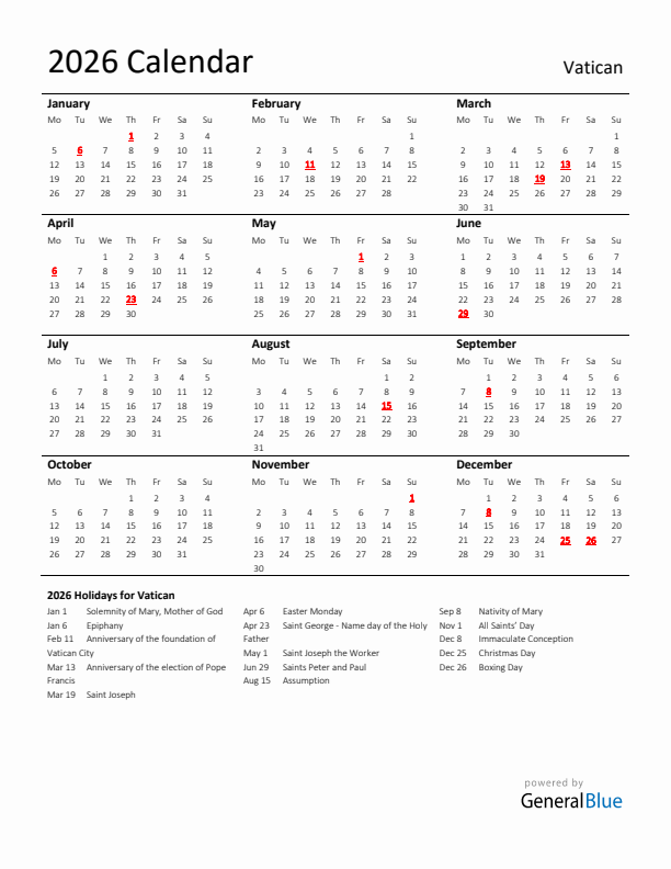 Standard Holiday Calendar for 2026 with Vatican Holidays