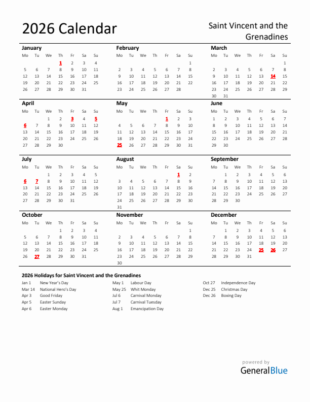 Standard Holiday Calendar for 2026 with Saint Vincent and the Grenadines Holidays 
