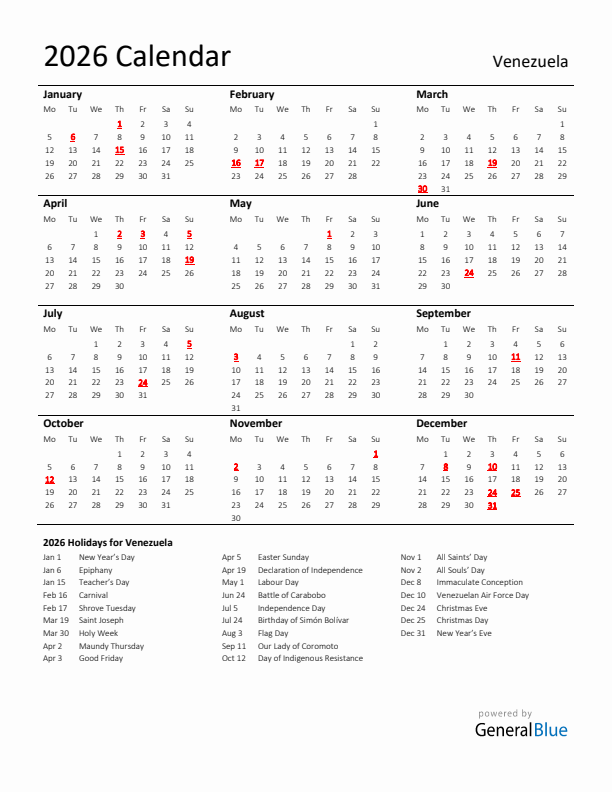 Standard Holiday Calendar for 2026 with Venezuela Holidays