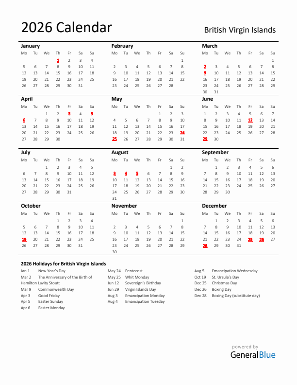 Standard Holiday Calendar for 2026 with British Virgin Islands Holidays 