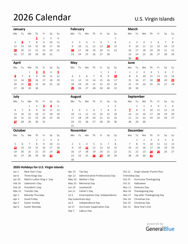 Standard Holiday Calendar for 2026 with U.S. Virgin Islands Holidays 