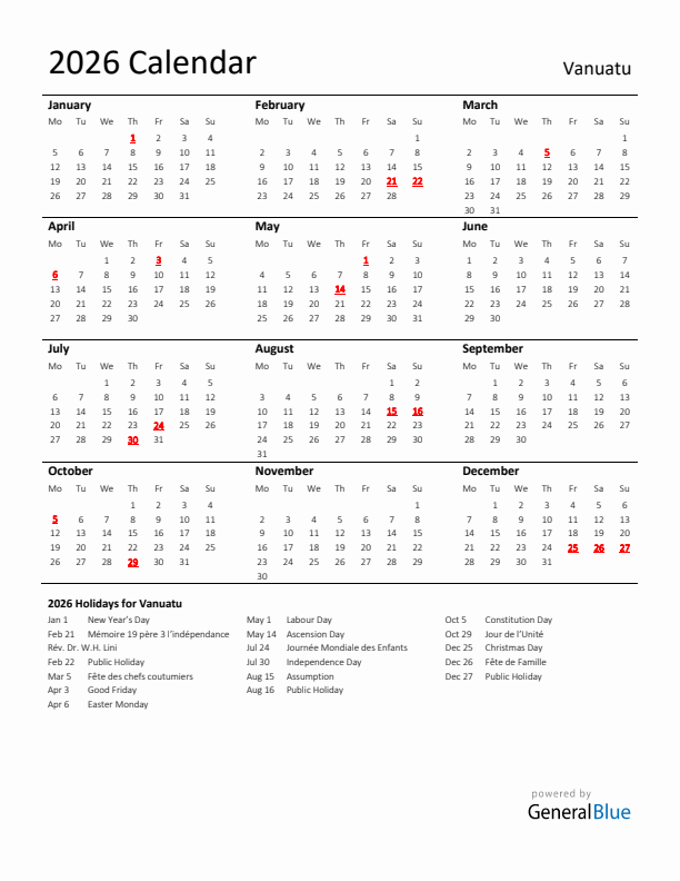 Standard Holiday Calendar for 2026 with Vanuatu Holidays 