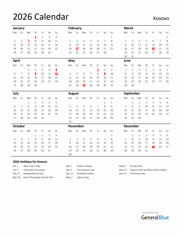 Standard Holiday Calendar for 2026 with Kosovo Holidays