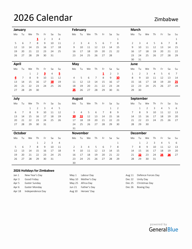Standard Holiday Calendar for 2026 with Zimbabwe Holidays