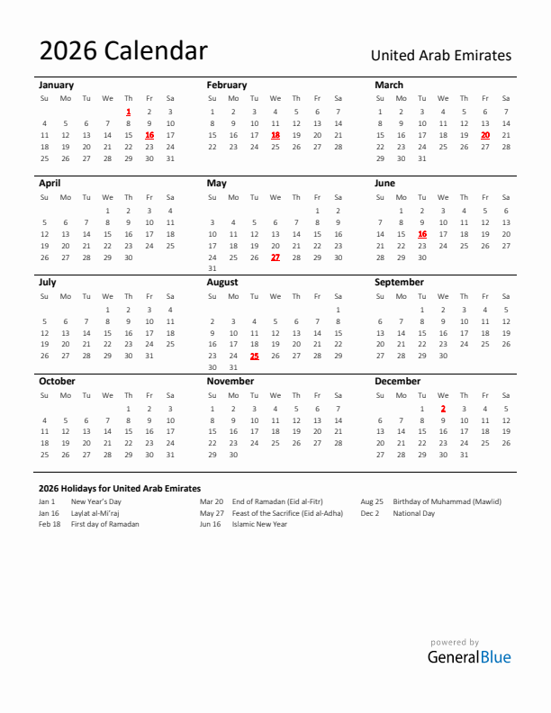 Standard Holiday Calendar for 2026 with United Arab Emirates Holidays