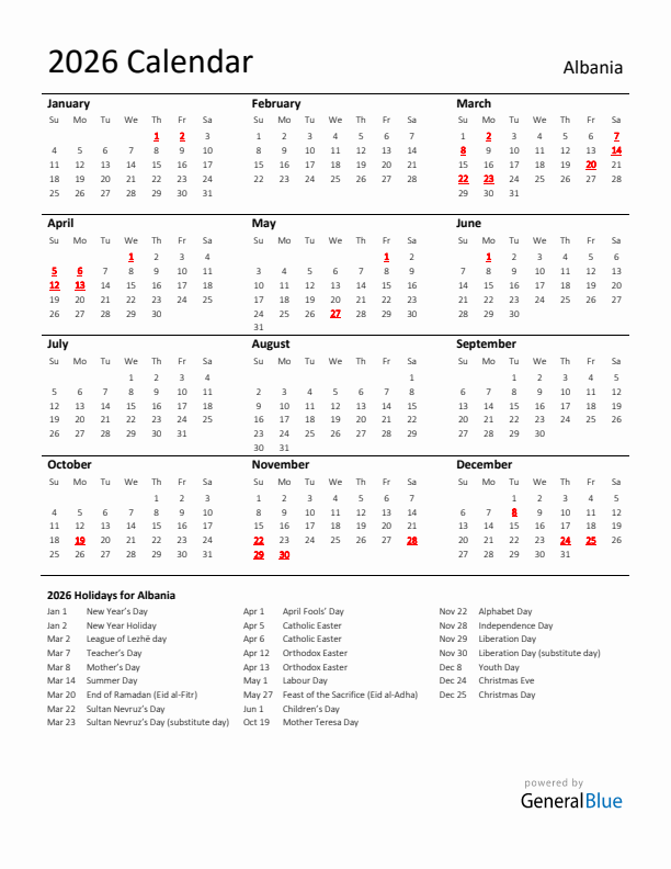 Standard Holiday Calendar for 2026 with Albania Holidays